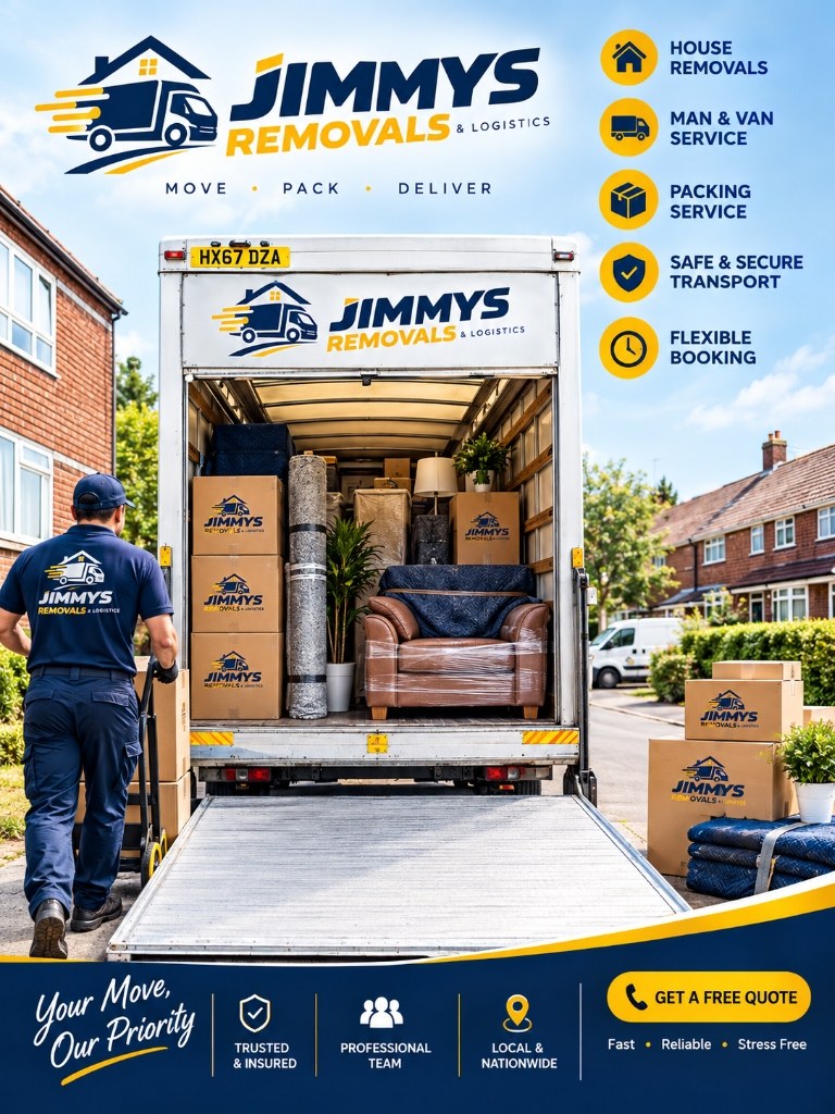 Secure appliance transport inside Jimmys Removals van showing washing machine and upright fridge-freezer locked with heavy-duty ratchet webbing straps